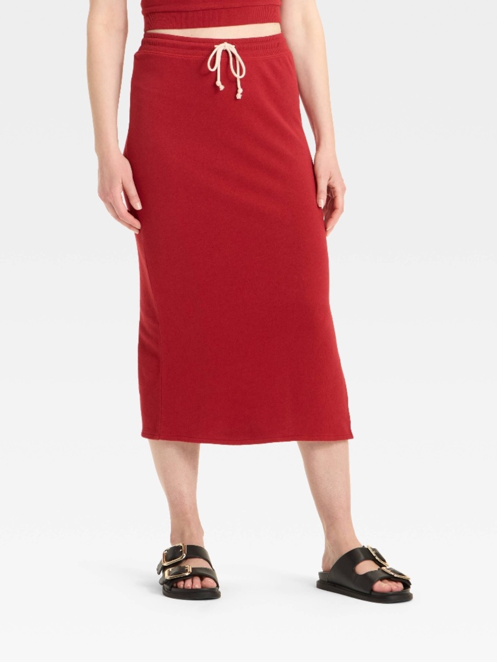 Leisure Studio French Terry Midi Pencil Skirt - Red L